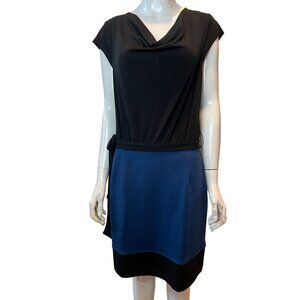 Laundry By Design Sheath Dress Tie Waist Cowl Neck Short Sleeve Black Blue SZ 8